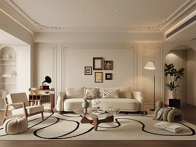 Elegant Modern Living Room Interior With Beige Sofa Geometric Rug And Decorative Paintings 3d model
