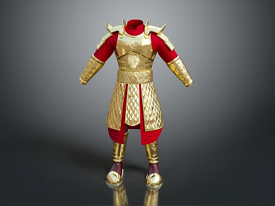 Ancient Golden Warrior Armor With Red Lining And Intricate Decorations 3d model