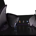 Futuristic Exhibition Space With Curved Structures People Purple Lighting And Artworks