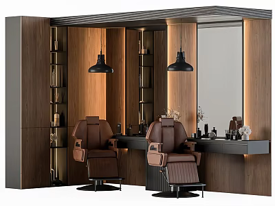 Salon Interior With Barber Chairs And Table Set Wooden Panels Mirror And Black Pendant Lights 3d model