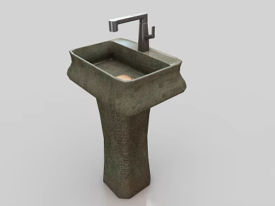 Modern Stone Textured Pedestal Sink With Square Basin And Silver Faucet 3d model