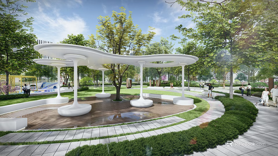 Modern Pergola With White Columns Surrounded By Trees Lawn And Pathway In Park Area 3d model 