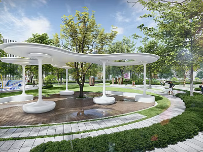 Modern Pergola With White Columns Surrounded By Trees Lawn And Pathway In Park Area 3d model