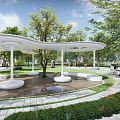 Modern Pergola With White Columns Surrounded By Trees Lawn And Pathway In Park Area