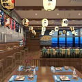 Japanese Restaurant Interior With Traditional Lanterns Wooden Tables And Bar Counter