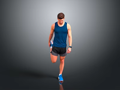Male Athlete Doing Leg Lift Exercise With Blue Tank Top Black Shorts And Blue Sneakers 3d model