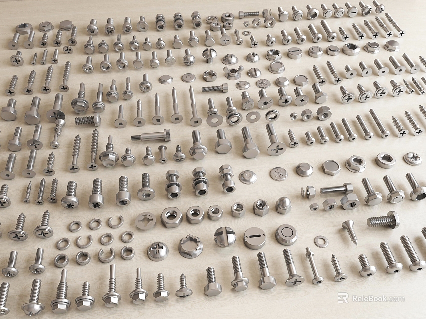 Various Metal Fasteners Including Screws Bolts And Nuts Arranged On Wooden Surface 3d model 