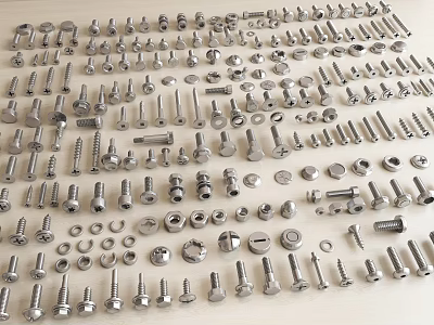 Various Metal Fasteners Including Screws Bolts And Nuts Arranged On Wooden Surface 3d model