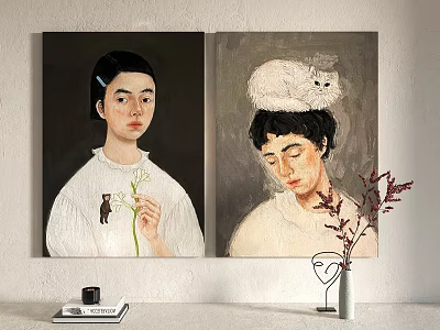 Portrait Paintings of Female with Flower and Male with White Cat on Head 3d model