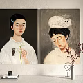 Portrait Paintings of Female with Flower and Male with White Cat on Head