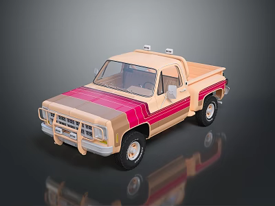 Vintage Style Beige And Pink Striped Single Cab Pickup Truck Toy Model With Roof Rack 3d model