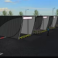 Modern Container Style Parking Lot With Pink Signage Flower Beds And People