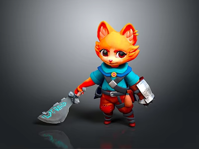 Cute Orange Fox Game Character In Blue Outfit With Sword And Bucket 3d model