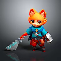 Cute Orange Fox Game Character In Blue Outfit With Sword And Bucket