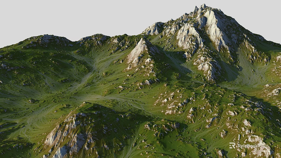 Natural Mountain Range With Green Grassy Slopes And White Rocky Peaks In Rolling Terrain 3d model 