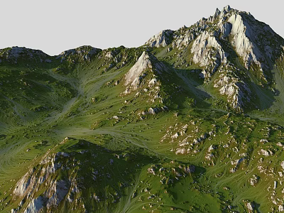 Natural Mountain Range With Green Grassy Slopes And White Rocky Peaks In Rolling Terrain 3d model