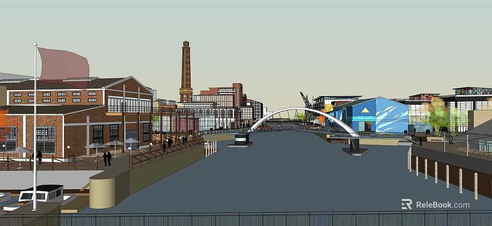 Vibrant Commercial Street Along Riverside With Pedestrian Bridge And Historic Modern Buildings 3d model 
