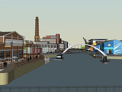 Vibrant Commercial Street Along Riverside With Pedestrian Bridge And Historic Modern Buildings 3d model