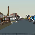 Vibrant Commercial Street Along Riverside With Pedestrian Bridge And Historic Modern Buildings