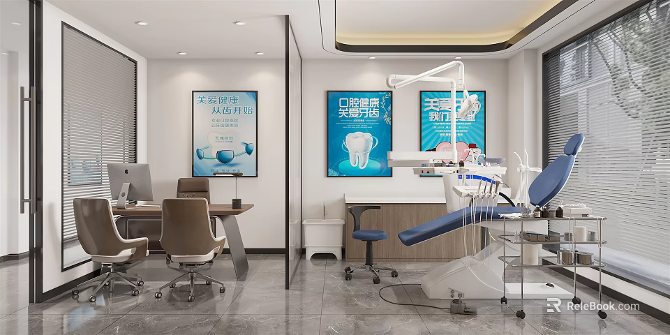 Modern Dental Clinic Interior With Dental Chair Equipment And Oral Health Posters 3d model 