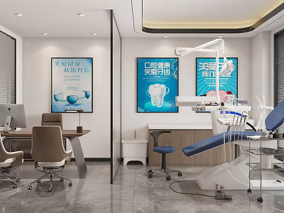 Modern Dental Clinic Interior With Dental Chair Equipment And Oral Health Posters 3d model