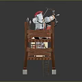 Wooden Watch Tower With Figure In Red Headscarf Holding Bow And Arrow And White Base