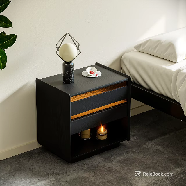 Black Nightstand With Drawers Geometric Lamp Small Plate And Candles By Bed With White Sheets 3d model 