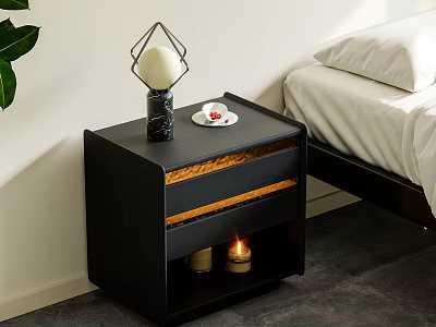 Black Nightstand With Drawers Geometric Lamp Small Plate And Candles By Bed With White Sheets 3d model