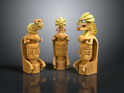 Three Intricate Wooden Carved Figures With Animal Heads And Traditional Attire On Reflective Base 3d model