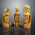 Three Intricate Wooden Carved Figures With Animal Heads And Traditional Attire On Reflective Base