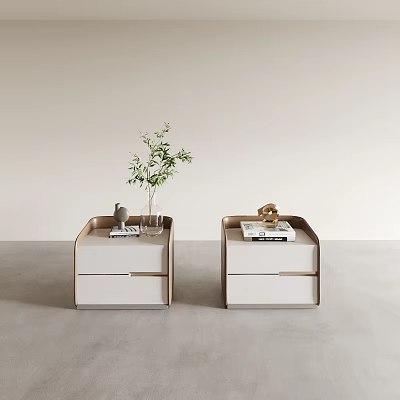 Modern Bedside Tables With White Drawers Gold Trim Plant Vase Books And Decorative Objects 3d model