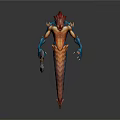 Red and Blue Game Movie Character With Dragon Head Scaly Body Holding Axe Standing