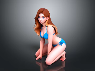 Female Character in Blue Bikini With Long Red Hair Kneeling Against Black Background 3d model