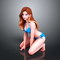 Female Character in Blue Bikini With Long Red Hair Kneeling Against Black Background