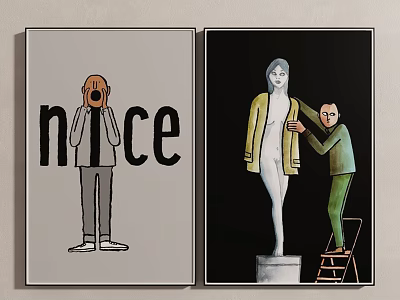 Two Art Paintings With Nice Text Cartoon Figure And Man Adjusting White Statue 3d model