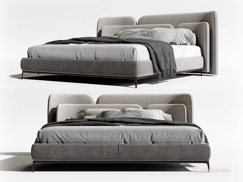 Modern Upholstered Double Bed With Wide Headboard Soft Linens And Throw Blanket 3d model 
