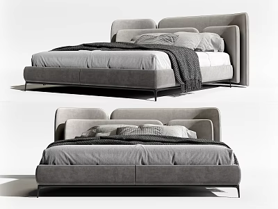 Modern Upholstered Double Bed With Wide Headboard Soft Linens And Throw Blanket 3d model