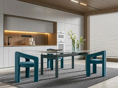 Modern Restaurant Interior With Glass Dining Table Blue Chairs Wooden Cabinets And Green Plants 3d model