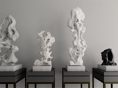 Unique Stone Sculptures With Artistic Wooden Bases Displayed In Modern Space 3d model