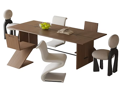 Modern Stylish Wooden Table And Chairs With Green Fruit Bowl And Varied Chair Designs 3d model