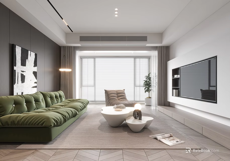 Modern Living Room Interior With Green Sofa White Coffee Tables And Floor To Ceiling Windows 3d model 