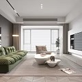 Modern Living Room Interior With Green Sofa White Coffee Tables And Floor To Ceiling Windows