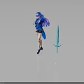 3D Render Of Blue Haired Girl Wearing Blue Outfit And Black Shorts With Blue Sword