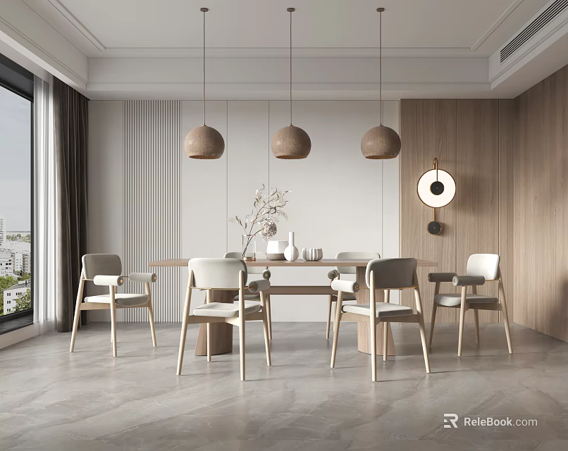 Modern Dining Table Set With Chairs Pendant Lights And Decorative Items In Minimalist Interior 3d model