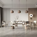 Modern Dining Table Set With Chairs Pendant Lights And Decorative Items In Minimalist Interior 3d model