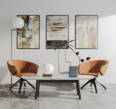Modern Living Room Furniture With Orange Chairs And Marble Top Coffee Table 3d model