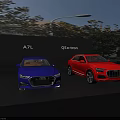 Blue A7L and Red Q5 e-tron Cars on Display with Trees and Street Lamp