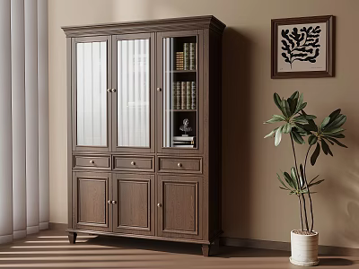 Dark Brown Wooden Shoe Cabinet With Glass Doors Drawers Indoor Plant And Decorative Painting 3d model