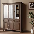 Dark Brown Wooden Shoe Cabinet With Glass Doors Drawers Indoor Plant And Decorative Painting