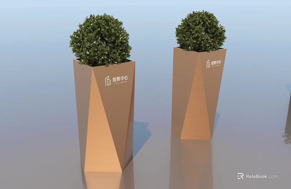 Copper Geometric Shaped Planters With Lush Green Shrubs For Garden Decor By Hang Lung Properties 3d model 